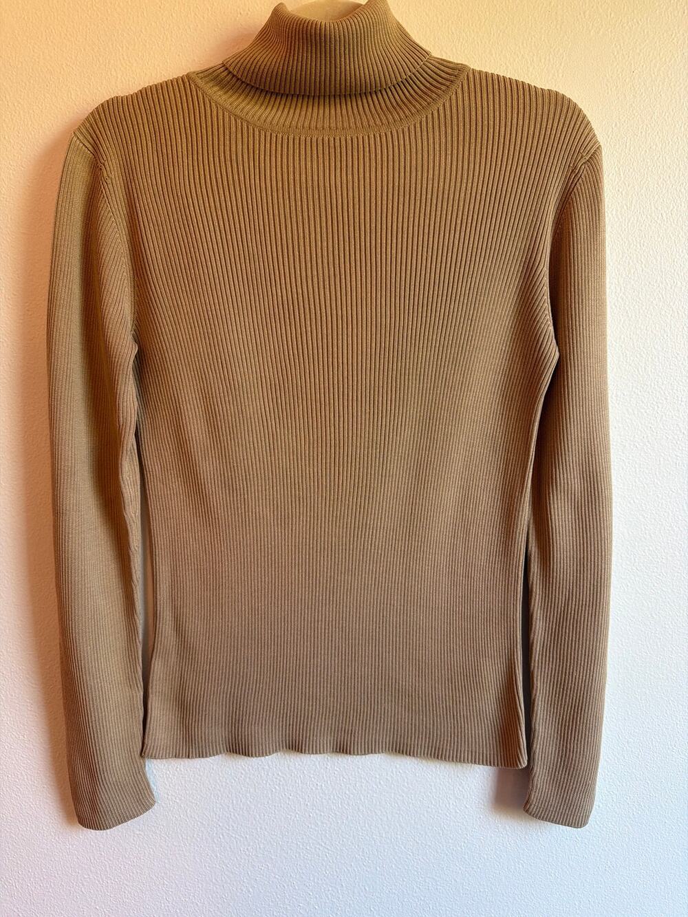 Ann Taylor LOFT 100% Silk Ribbed Turtleneck Sweater Beige Tan | Size Medium